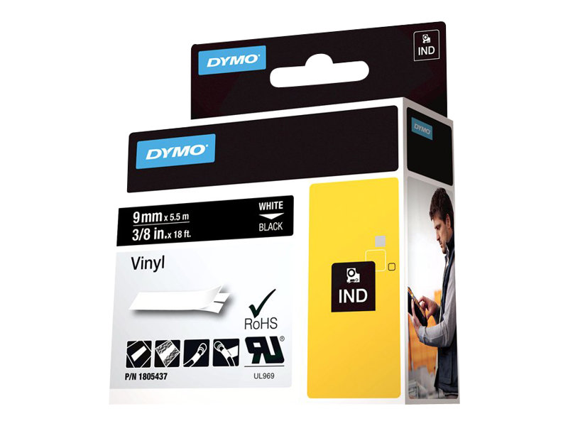 DYMO IND VINYL LABELS WHITE/BLACK 3/8" X 18'