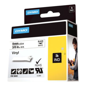 DYMO IND VINYL LABELS BLACK/WHITE 3/8" X 18'