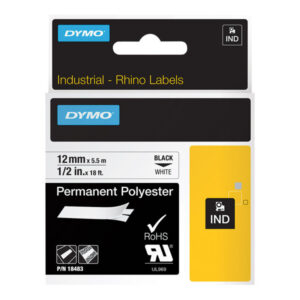 DYMO IND PERMANENT POLY BLACK/WHITE 1/2" X 18'